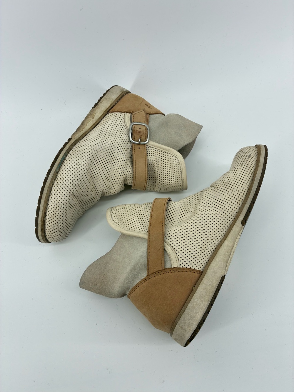 Beige Perforated Leather Ankle Boots with Tan Strap